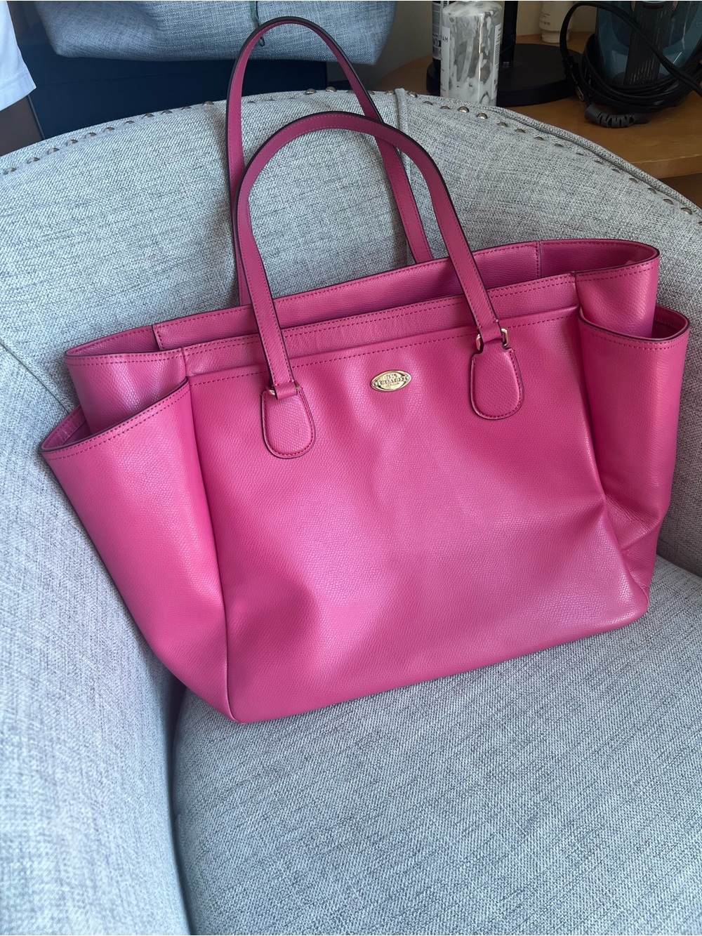 Coach Hot Pink Pebbled Leather Tote with Gold Accent